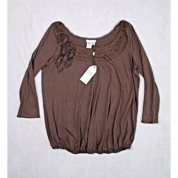 NWT Sophie Max Brown 3/4 Sleeve Ruffled Roses Elastic Waist Women's Top Size XS - Picture 1 of 8